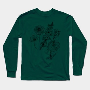 Flower Sketch Illustration - Gerbera, Snapdragon, Rose, Plum Blossom, Cosmos Long Sleeve T-Shirt